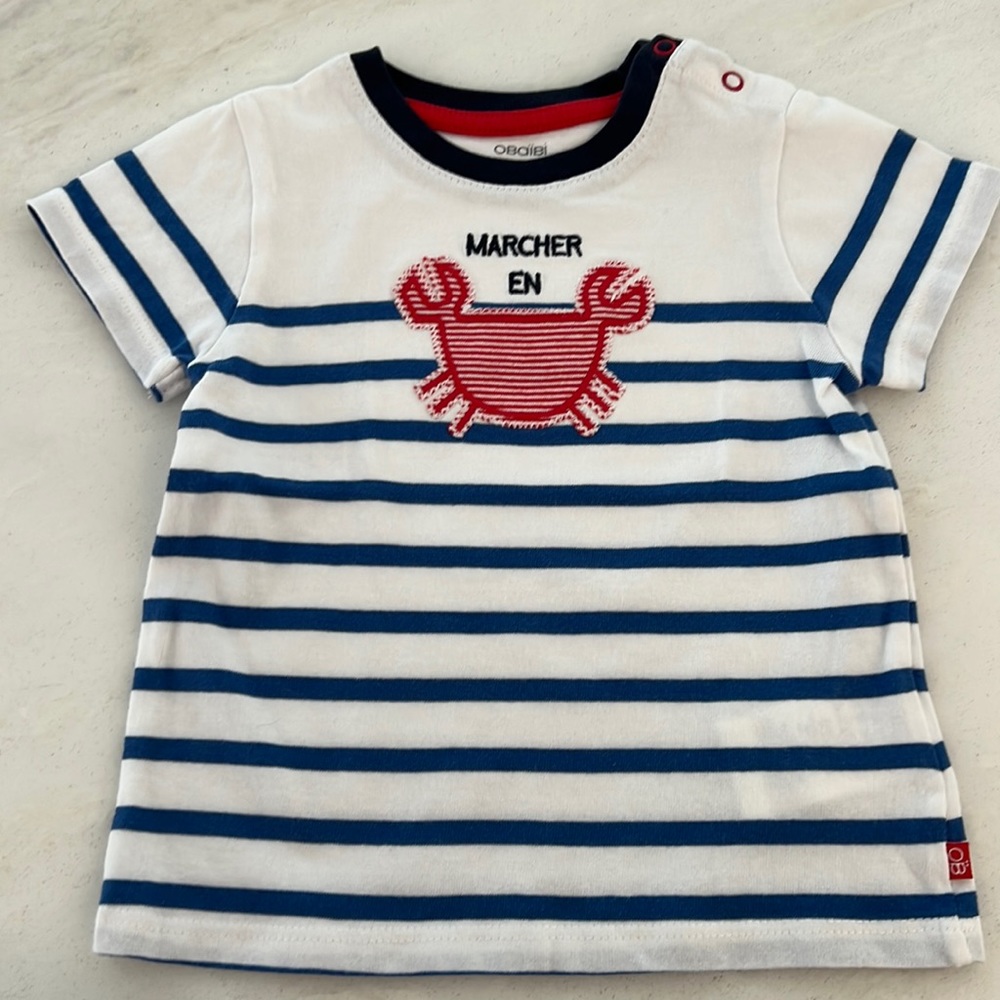 Boys, 9M, crab appliqué, snap on shoulder, blue and white striped t shirt